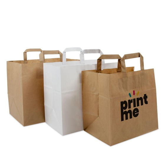 Papieren take-away tassen – 70 g wit of bruin gerecycled kraftpapier / 70 g gerecycled kraftpapier, 26+17×25 / 32+21,5×27 / 32+17×27 cm