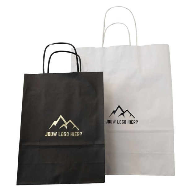 Zwarte papieren tas bedrukt met foliedruk – Papier, 18×8×22 cm / 26×12×35 cm / 32×12×41 cm
