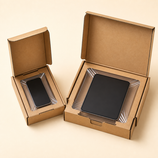 Fixeerverpakking voor smartphone en tablet met transparante spanfolie